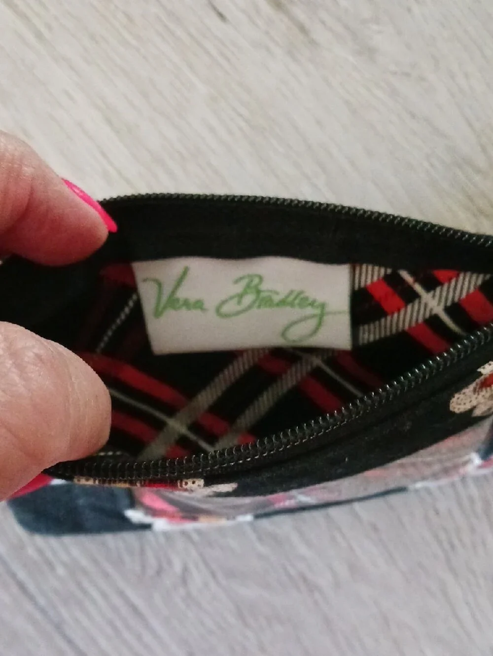 Vera Bradley Retired Pirouette Black Floral Card Wallet with Red Plaid Interior